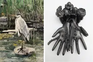 images of artwork, a collage of a heron and a bronze piece amalgam of clay feet and mushrooms