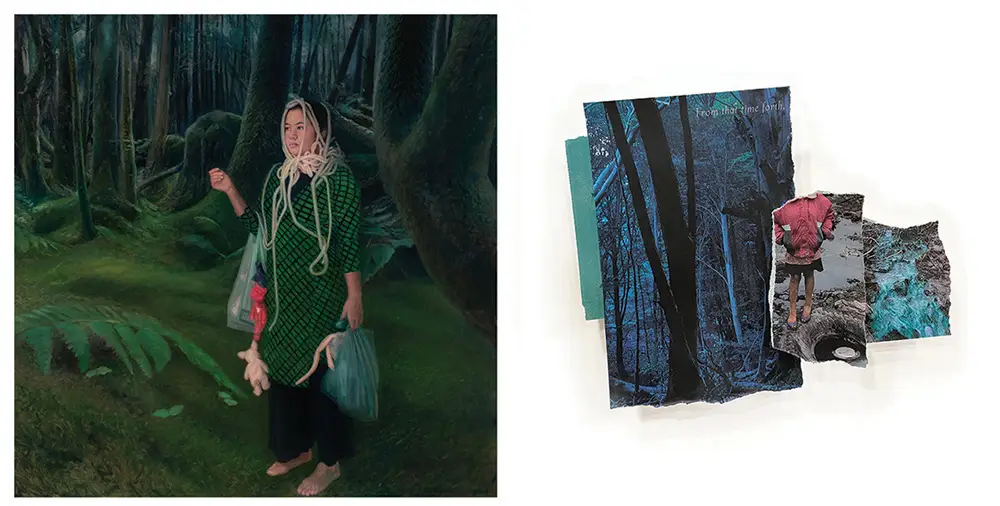 a painting of a girl in a forest by Tamera Avery and a free from collage by TaVee Lee