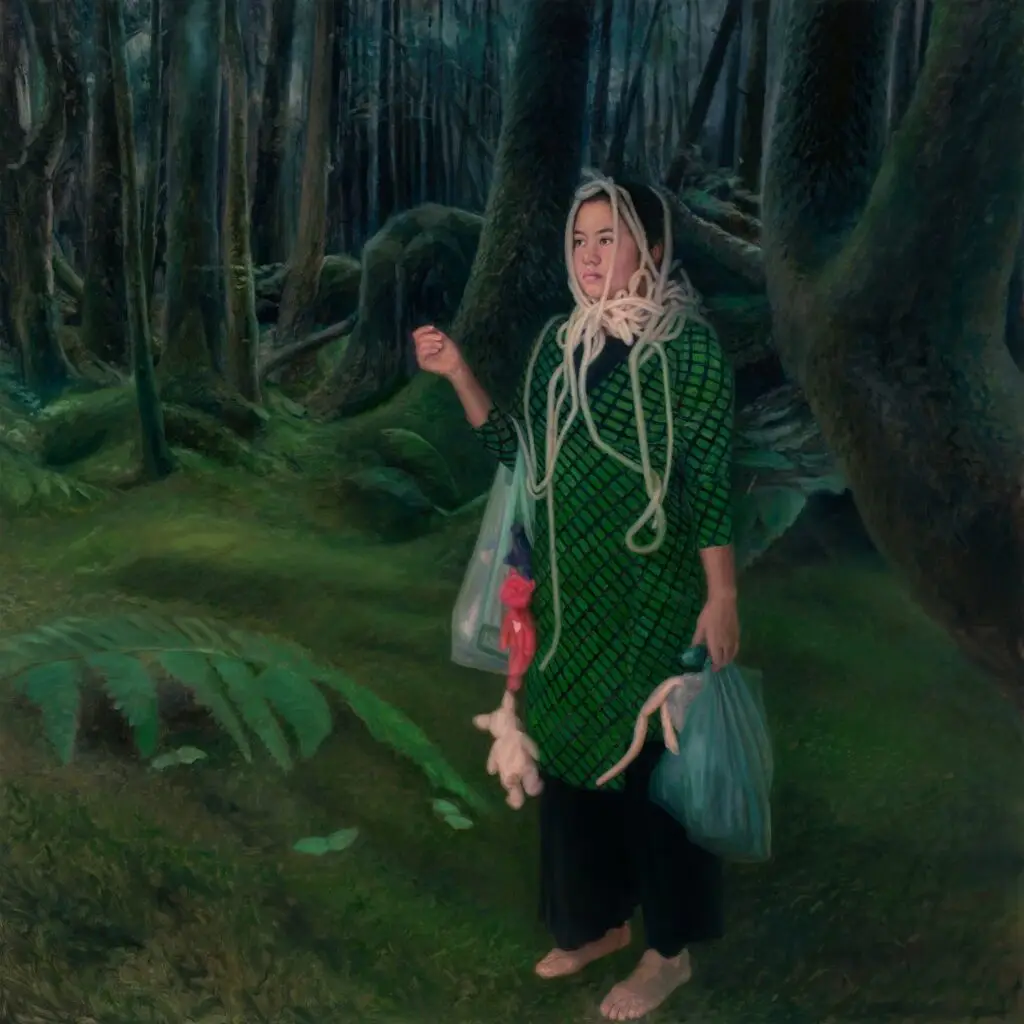 painting of young woman wandering into a foreboding forest toting plastic bags stuffed with stuffed animal toys